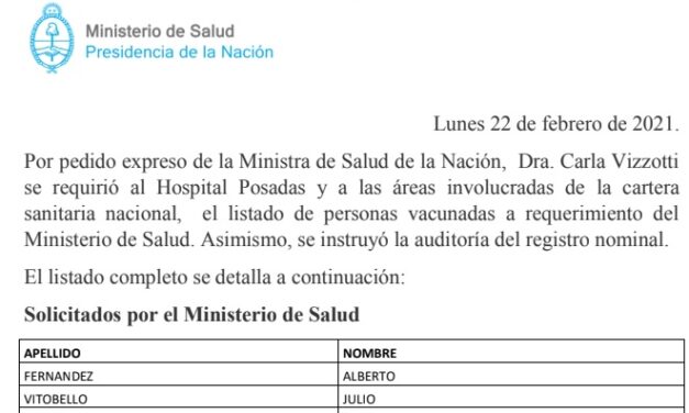 Desde Nación se publicó el listado de los que se vacunaron en el Ministerio de Salud y el Hospital Posadas.